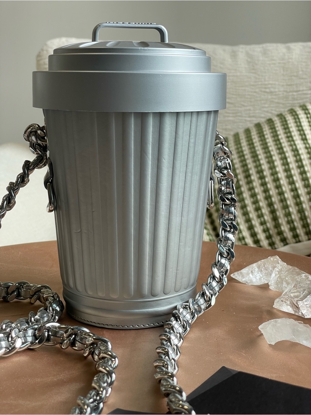 NWT Moschino Trash Can Crossbody Silver Metallic with Chunky Chain - Picture 4 of 13